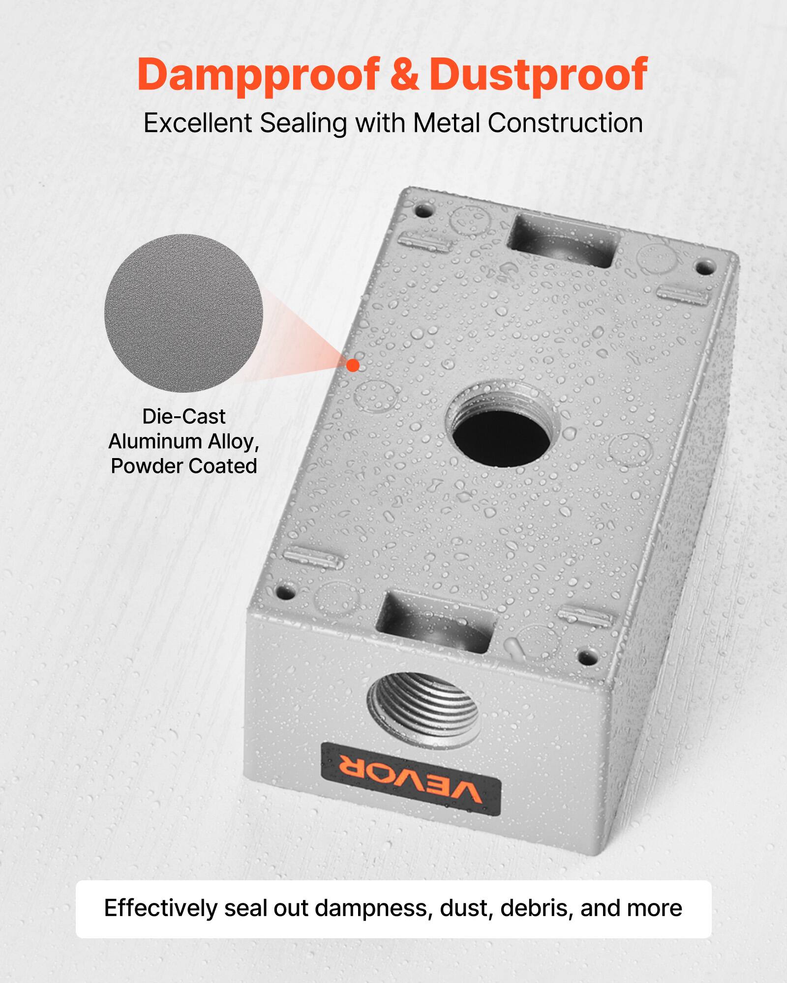 Dampproof & Dustproof  
Excellent Sealing with Metal Construction  

Die-Cast Aluminum Alloy, Powder Coated  

Effectively seal out dampness, dust, debris, and more