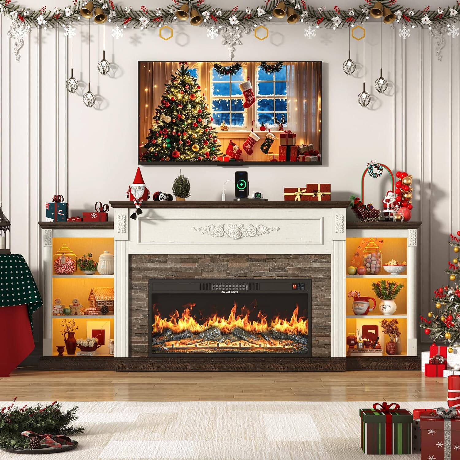 Angle. Espafurni - 85" Electric Fireplace TV Stand, Farmhouse Style w/ Charging Station & LED - White.