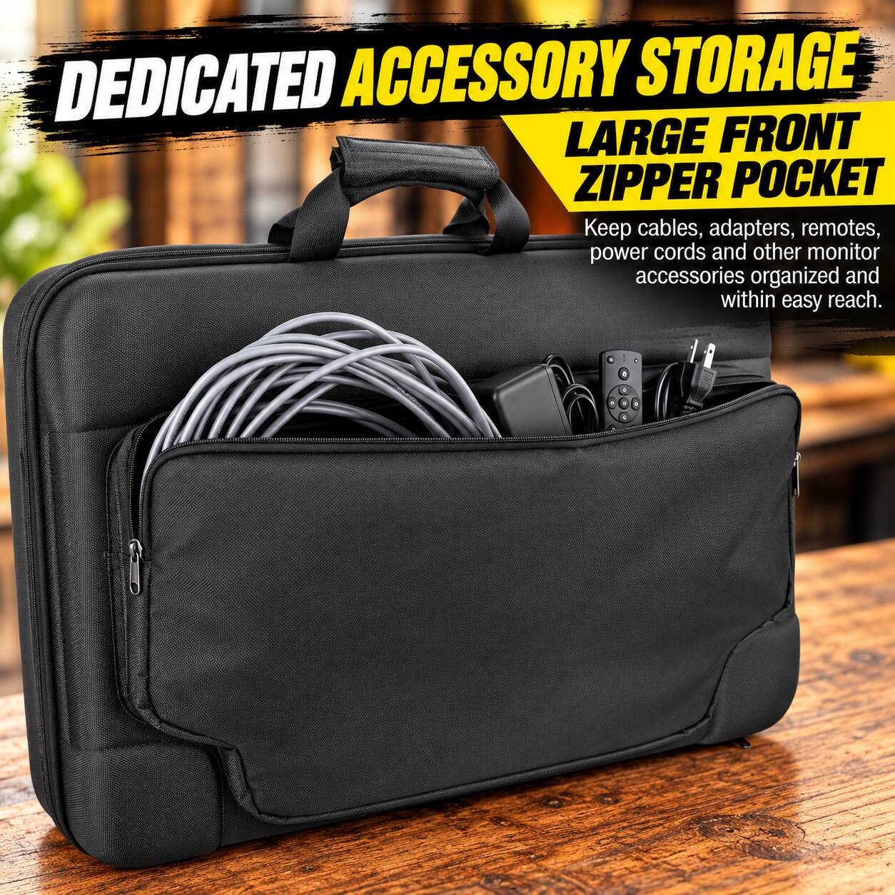 DEDICATED ACCESSORY STORAGE  
LARGE FRONT ZIPPER POCKET  
Keep cables, adapters, remotes, power cords and other monitor accessories organized and within easy reach.