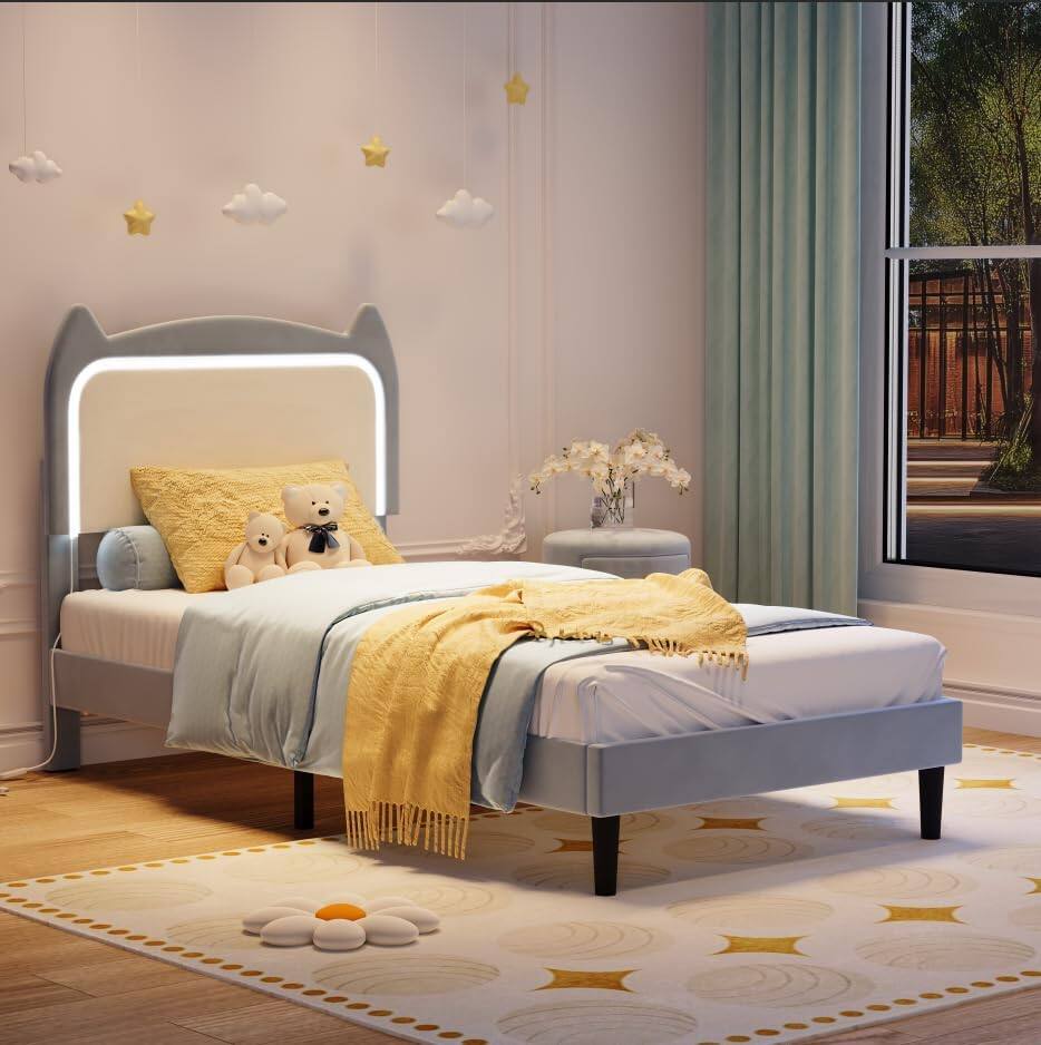 Front. GARVEE - Twin Size Bed Frame with Cat-Shaped Headboard, RGB LED Lights, Sturdy Wood Slats Support, Noise-Free, Blue - Blue.