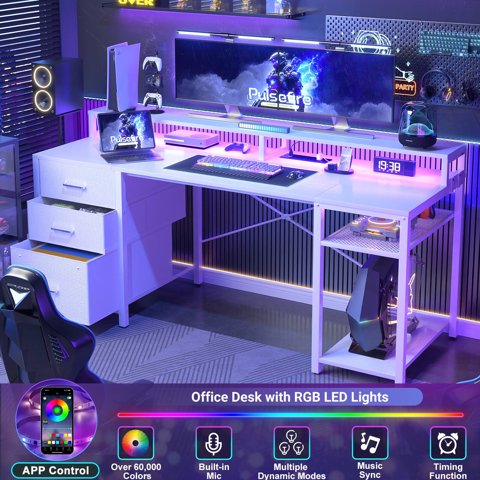 Office Desk with RGB LED Lights

- APP Control
- Over 60,000 Colors
- Built-in Mic
- Multiple Dynamic Modes
- Music Sync
- Timing Function