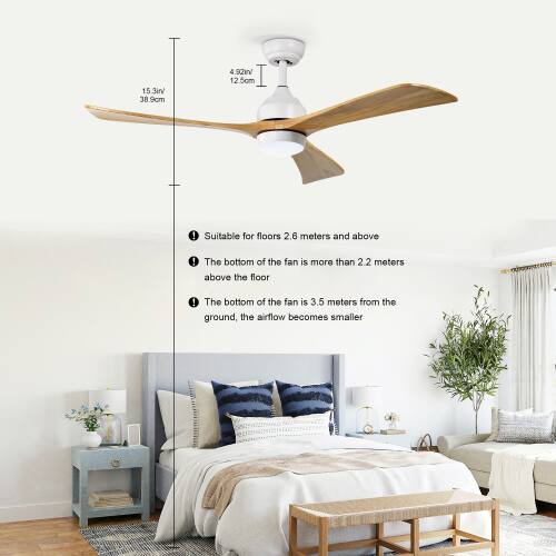 15.3in 38.9cm 4.92W 12.5om ! Suitable for floors 2.6 meters and above ! The bottom of the fan is more than 2.2 meters above the floor ! The bottom of the fan is 3.5 meters from the ground, the airflow becomes smaller