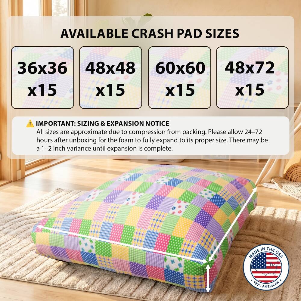 AVAILABLE CRASH PAD SIZES
36x36 x15
48x48 x15
60x60 x15
48x72 x15

! IMPORTANT: SIZING & EXPANSION NOTICE
All sizes are approximate due to compression from packing. Please allow 24-72 hours after unboxing for the foam to fully expand to its proper size. There may be a 1-2 inch variance until expansion is complete.

MADE IN THE USA
100% AMERICAN