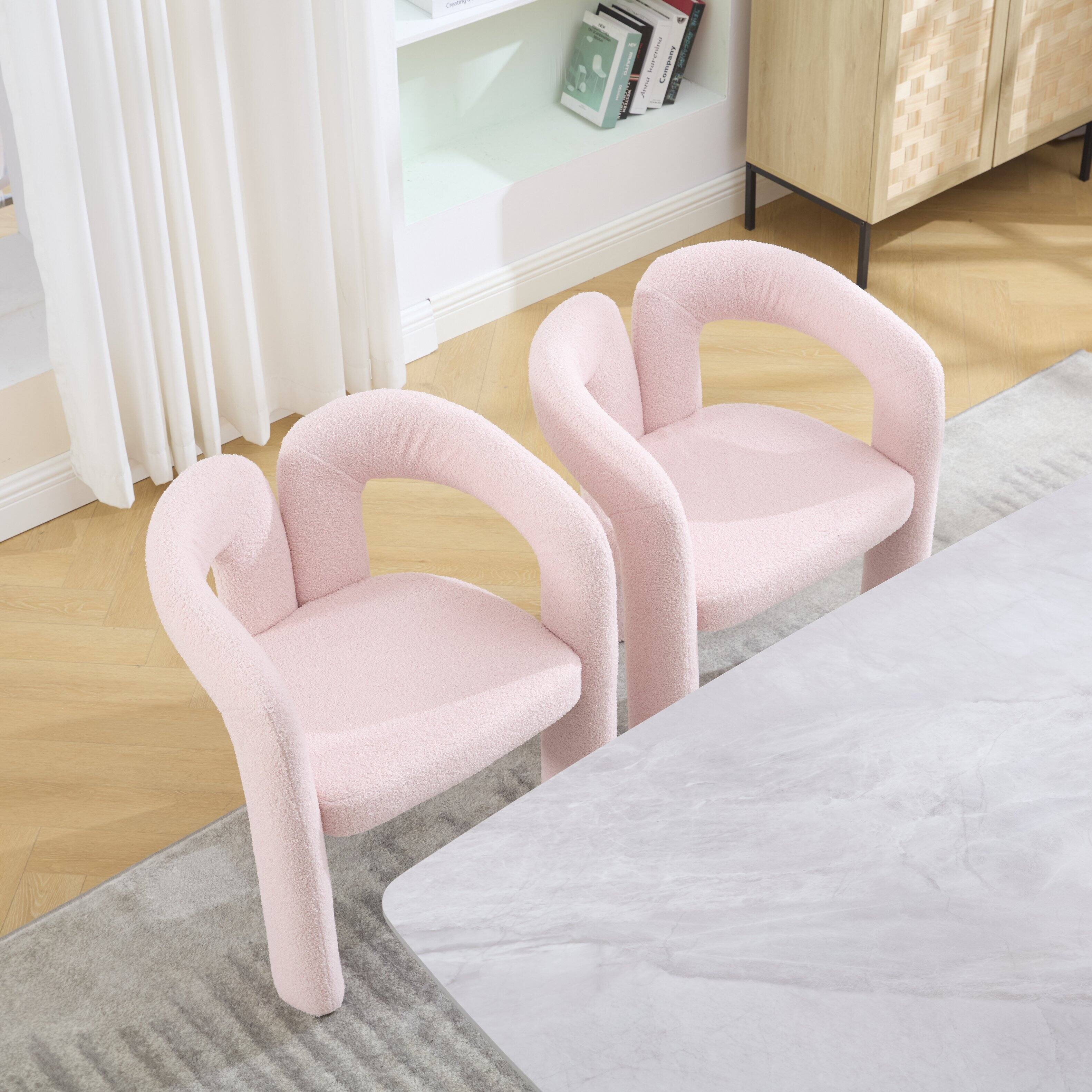 Angle. Trinkets Crazed - Modern Barrel Dining Chairs Set of 2, Teddy Velvet Fabric Upholstered Kitchen  Accent Chairs with Arms/Open Back - Pink.