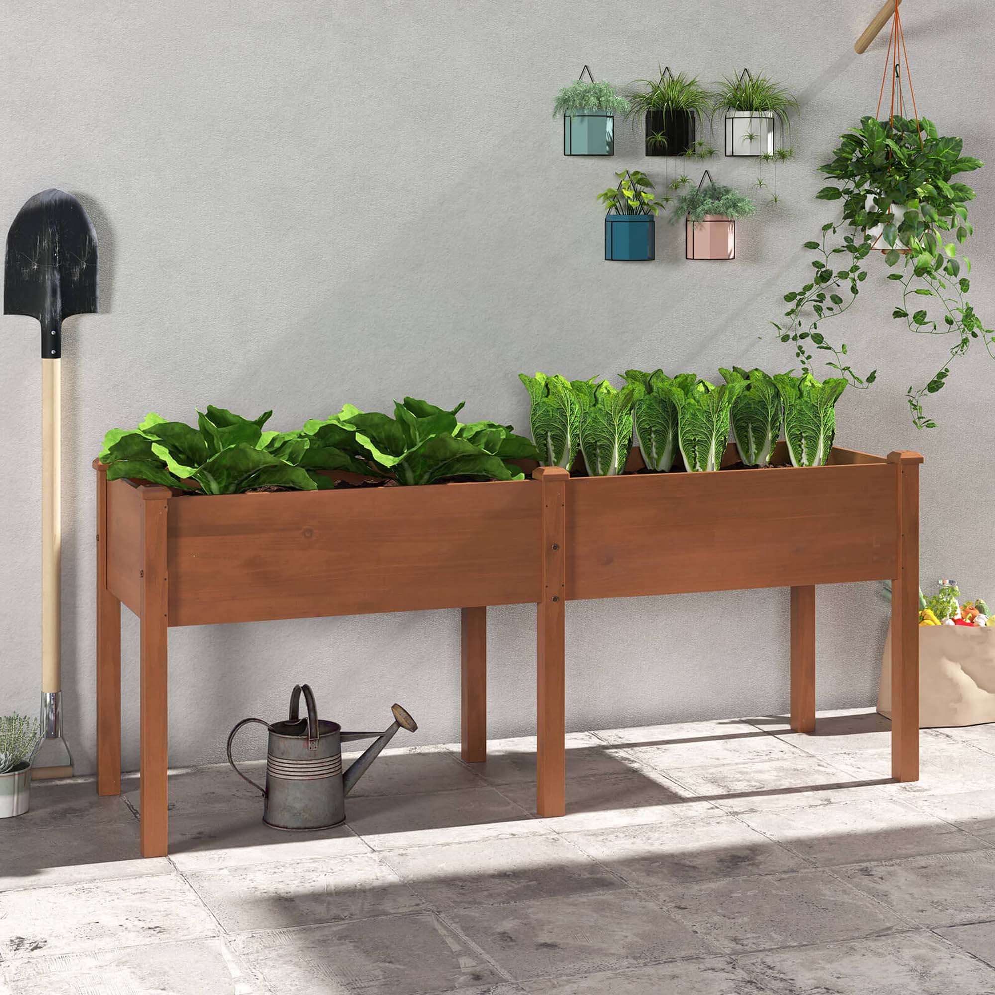 Alt View 3. Costway - Costway Raised Garden Bed Elevated Fir Wood Planter Box with 2 Large Planting Areas - Brown.
