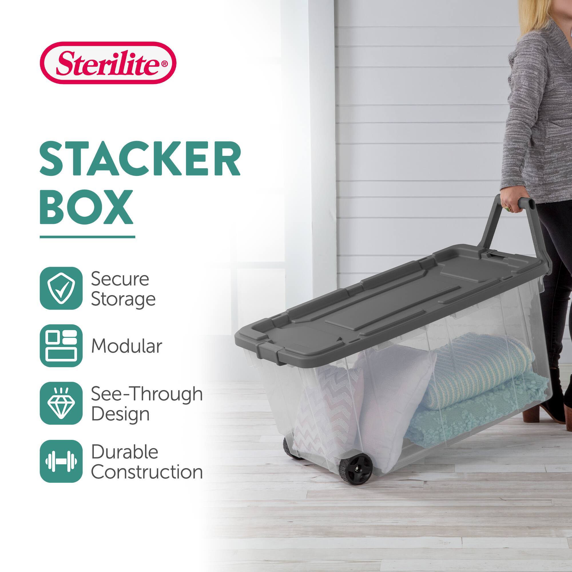 Sterilite®  
STACKER BOX  

- Secure Storage  
- Modular  
- See-Through Design  
- Durable Construction