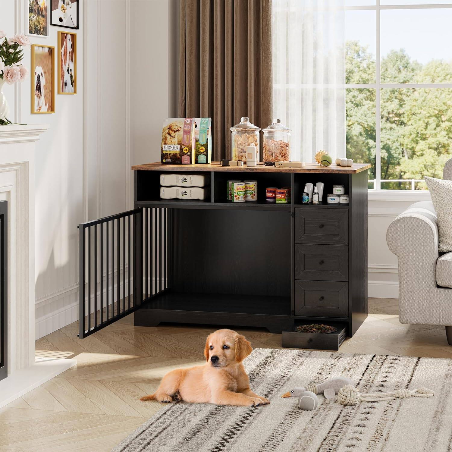 Alt View 1. Acekool - Modern Dog Crate End Table with 3 Storage Drawers, Concealed Food Bowl, Wooden Indoor Kennel Cabinet, 48", Black.