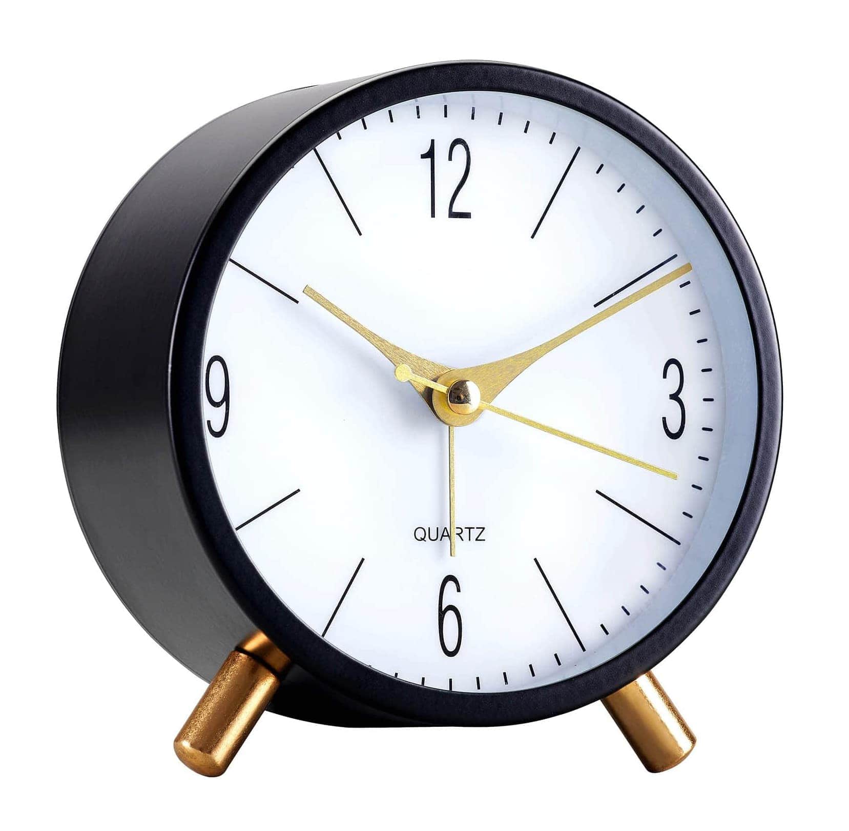 FINEAK - 4" Silent Round Alarm Clock with Night Light, Battery Operated Easy Set Desk Clock - Black