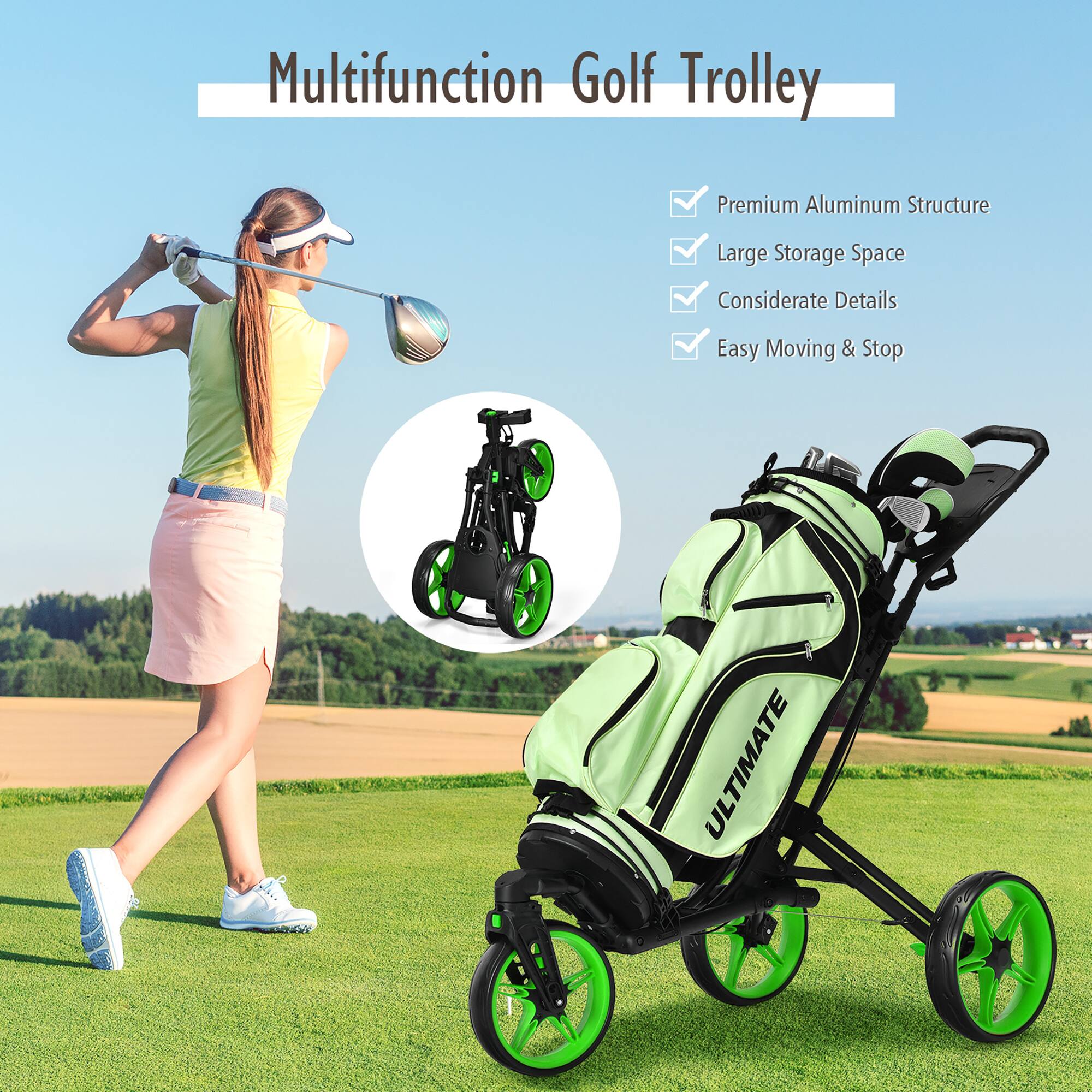 Multifunction Golf Trolley

- Premium Aluminum Structure
- Large Storage Space
- Considerate Details
- Easy Moving & Stop

ULTIMATE