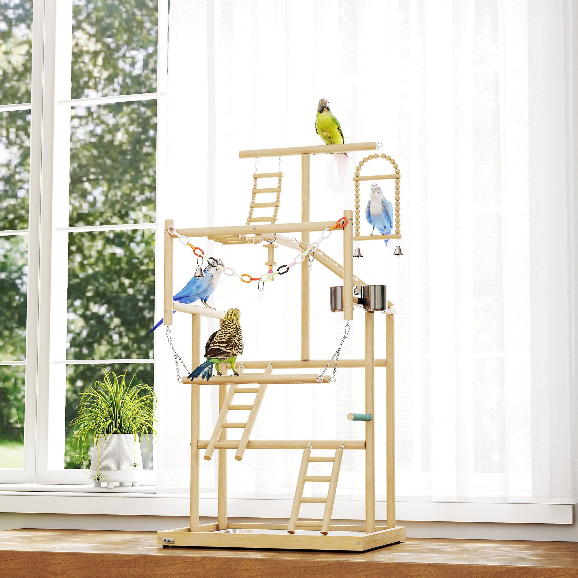 Alt View 7. Pawhut - Playground, 4 Layer Wooden Play Stand with Ladders, Chain Toy - Natural wood.