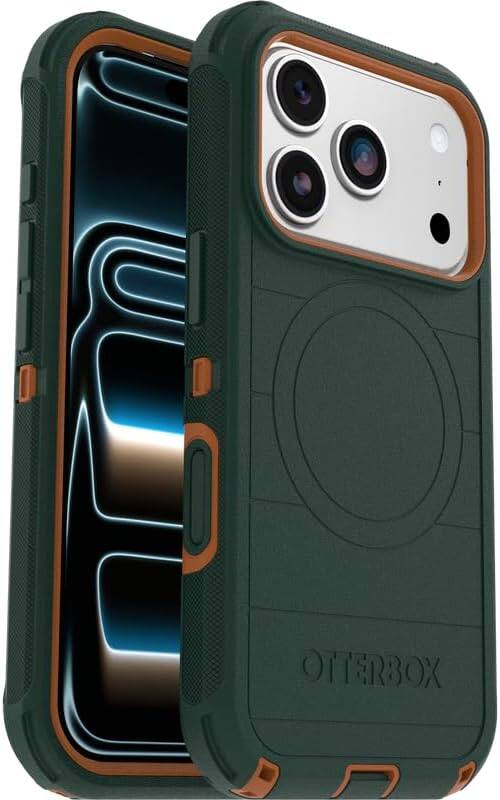 Left. OtterBox - OtterBox iPhone 17 Pro (Only) Bundle: Defender Series Case & Screen Protector - Case Only - Rugged - Snaps on MagSafe - Green Intrigue.