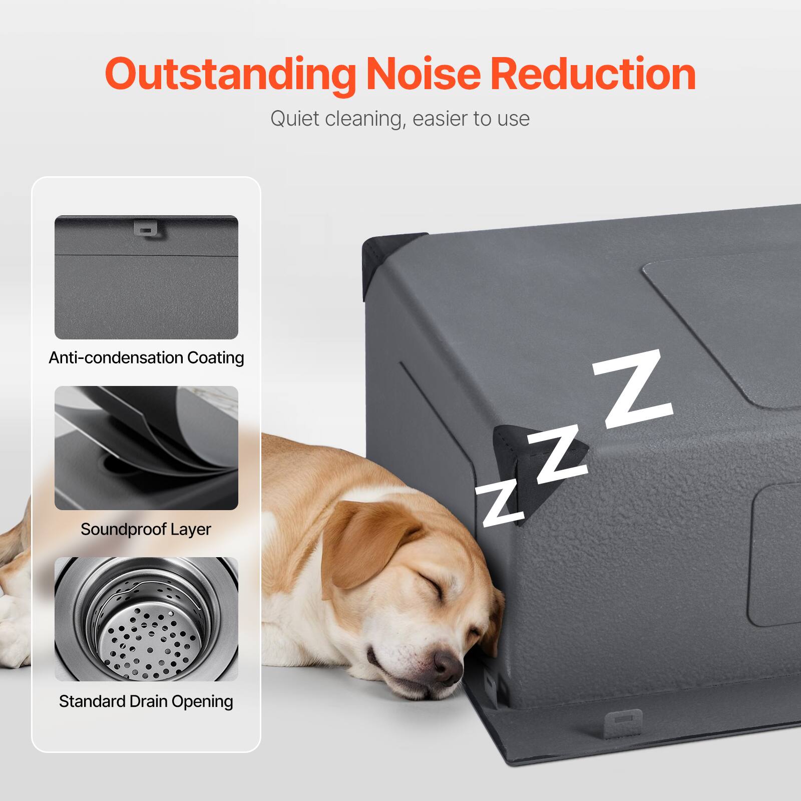 Outstanding Noise Reduction
Quiet cleaning, easier to use

Anti-condensation Coating
Soundproof Layer
Standard Drain Opening