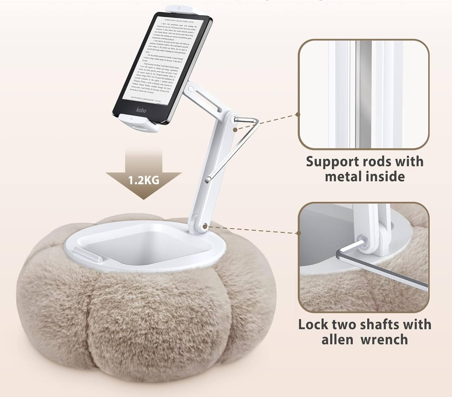 - kobo
- 1.2KG
- Support rods with metal inside
- Lock two shafts with allen wrench