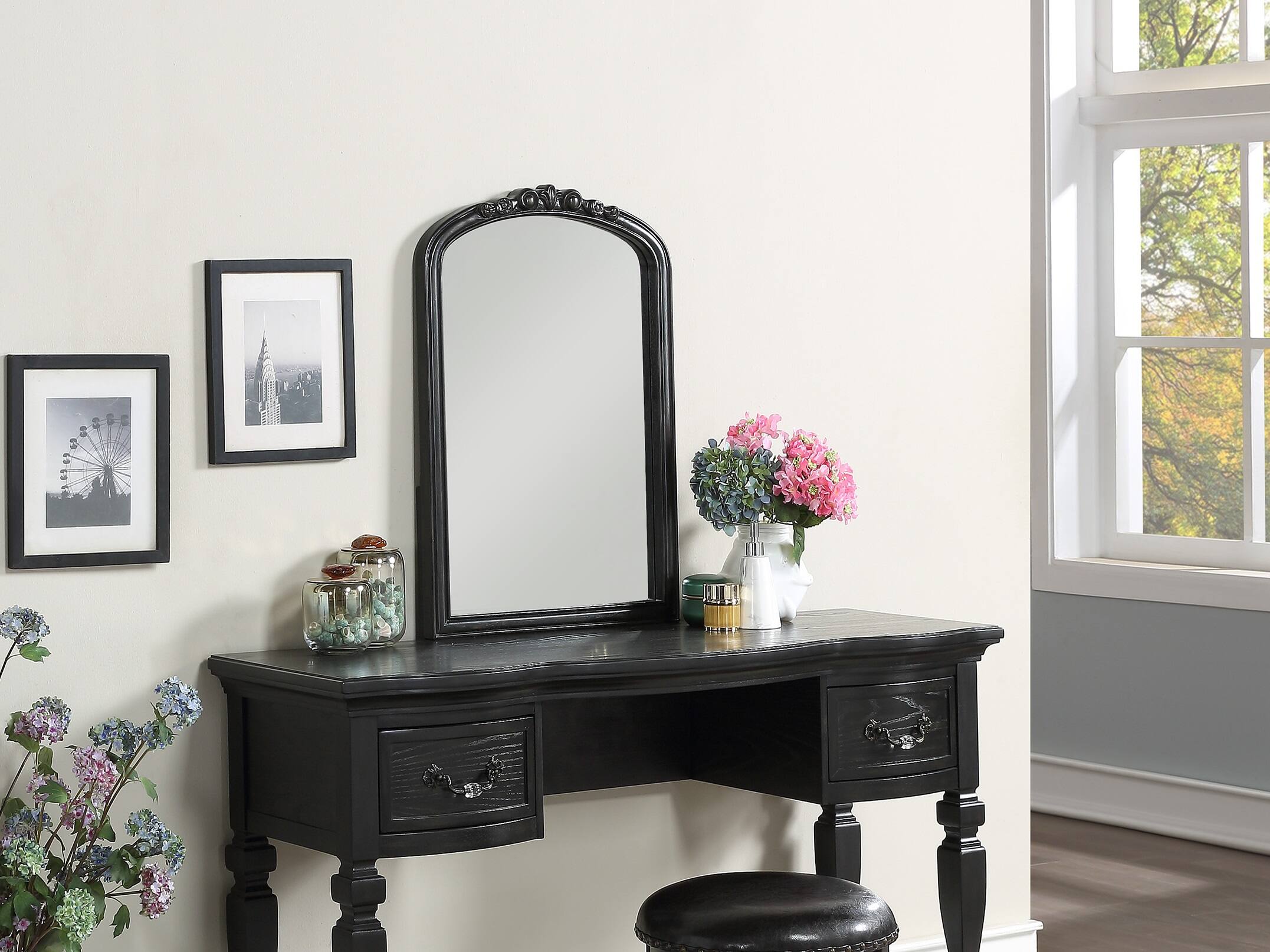 Angle. APRILSOUL - Bedroom Classic Vanity Set Wooden Carved Mirror Stool Drawers Black Color - Black.