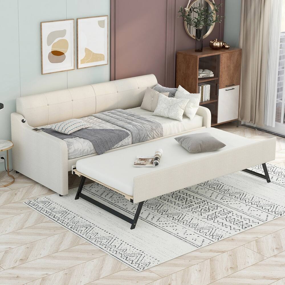 Front. Loheer - Loheer Twin Daybed with Trundle Upholstered Beige Sofa Bed USB - Beige.
