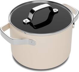 Bakken- Swiss - 3 Qt Aluminum Stock Pot, Nonstick Ceramic Coating, PTFE & PFAS Free, Oven Safe 500°F, SS Handles, Glass Lid - Cream