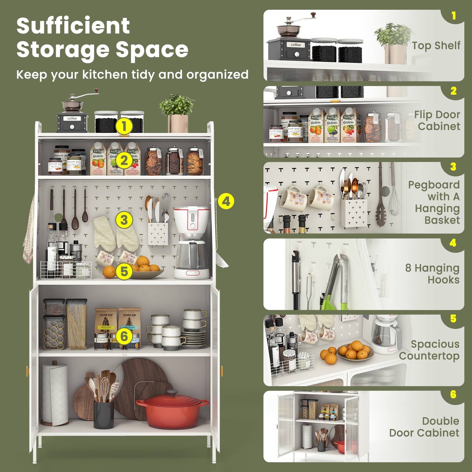 Sufficient Storage Space
Keep your kitchen tidy and organized

1. Top Shelf
2. Flip Door Cabinet
3. Pegboard with A Hanging Basket
4. 8 Hanging Hooks
5. Spacious Countertop
6. Double Door Cabinet