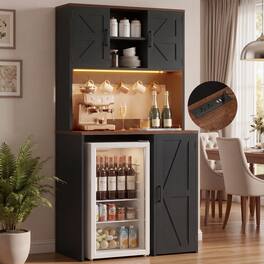 Aheaplus - Mini Fridge Coffee Bar Cabinet: with Outlet & LED Lights, Microwave Shelf, Beverage Station for Kitchen Dorm Office - Black