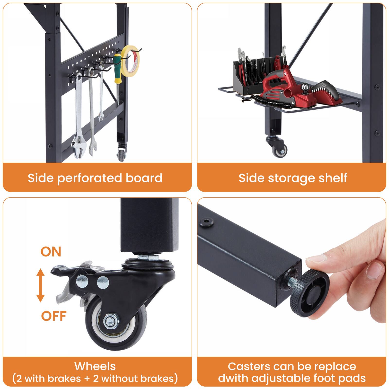 - Side perforated board
- Side storage shelf
- Wheels (2 with brakes + 2 without brakes)
- Casters can be replaced with adjustable foot pads