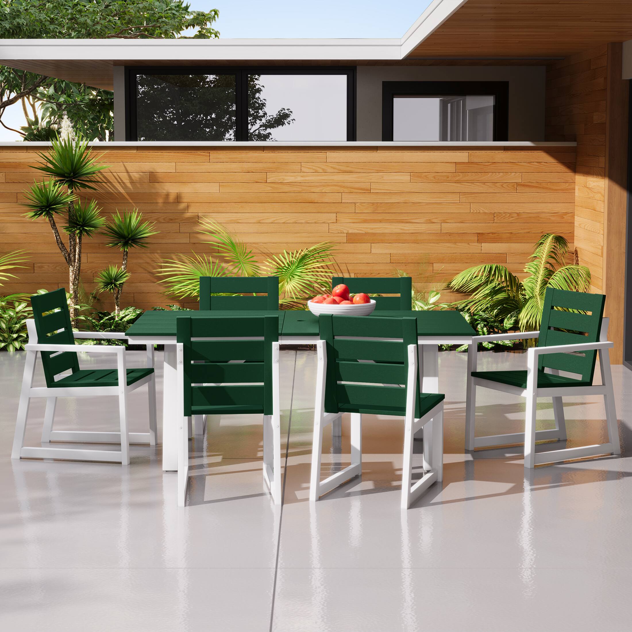 Angle. WestinTrends - WestinTrends Cape May 7-Piece HDPE Outdoor Furniture Patio Dining Table With Umbrella Hole and Chairs Set For 6 - Dark Green.