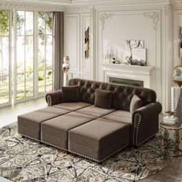 Anysun - 82.6" Velvet Chesterfield Sofa w/ Nailhead, Rolled Armrests, Button Tufted, 3 Pillows & 3 Ottomans, Mid-Century - Brown