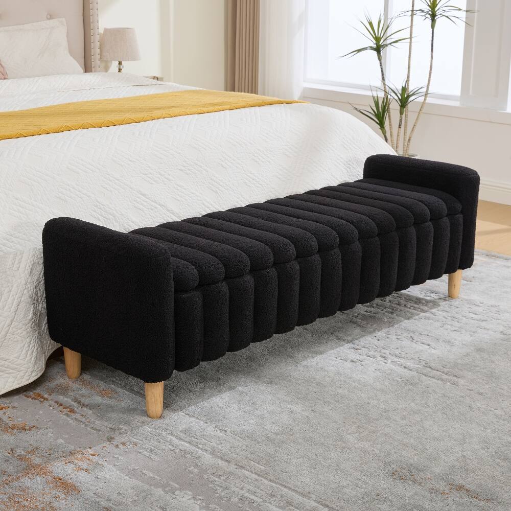 Left. Ropilly - Ropilly Black Upholstered Storage Bench, Teddy Fabric End of Bed Bench with Armrests and Wood Legs for Entryway - Black.