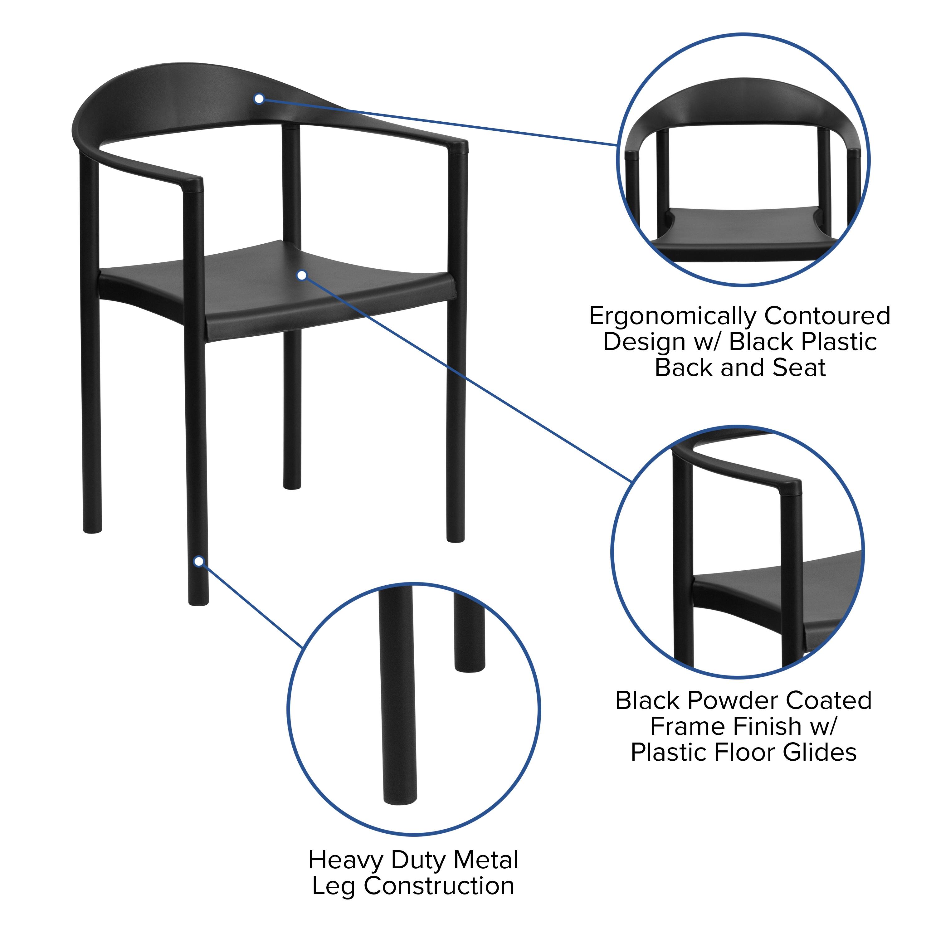 Ergonomically Contoured Design w/ Black Plastic Back and Seat  
Black Powder Coated Frame Finish w/ Plastic Floor Glides  
Heavy Duty Metal Leg Construction
