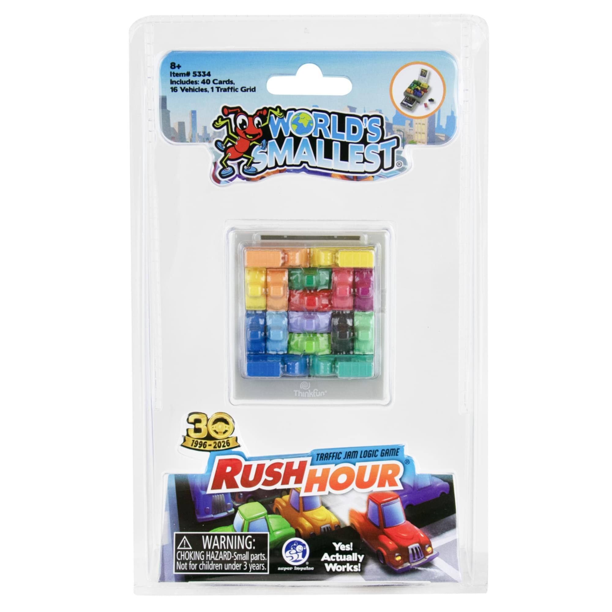 8+ Item 5334 Includes: 40 Cards, 16 Vehicles, 1 Traffic Grid

WORLD'S SMALLEST

Thinkfun 30 1996-2026 TRAFFIC JAM LOGIC GAME RUSH HOUR

WARNING: CHOKING HAZARD-Small parts. Not for children under 3 years.

Yes! Actually Works!