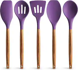Zulay Kitchen - 5-Piece Non-Stick Cooking Utensils Set with Authentic Acacia Wood Handles - Purple