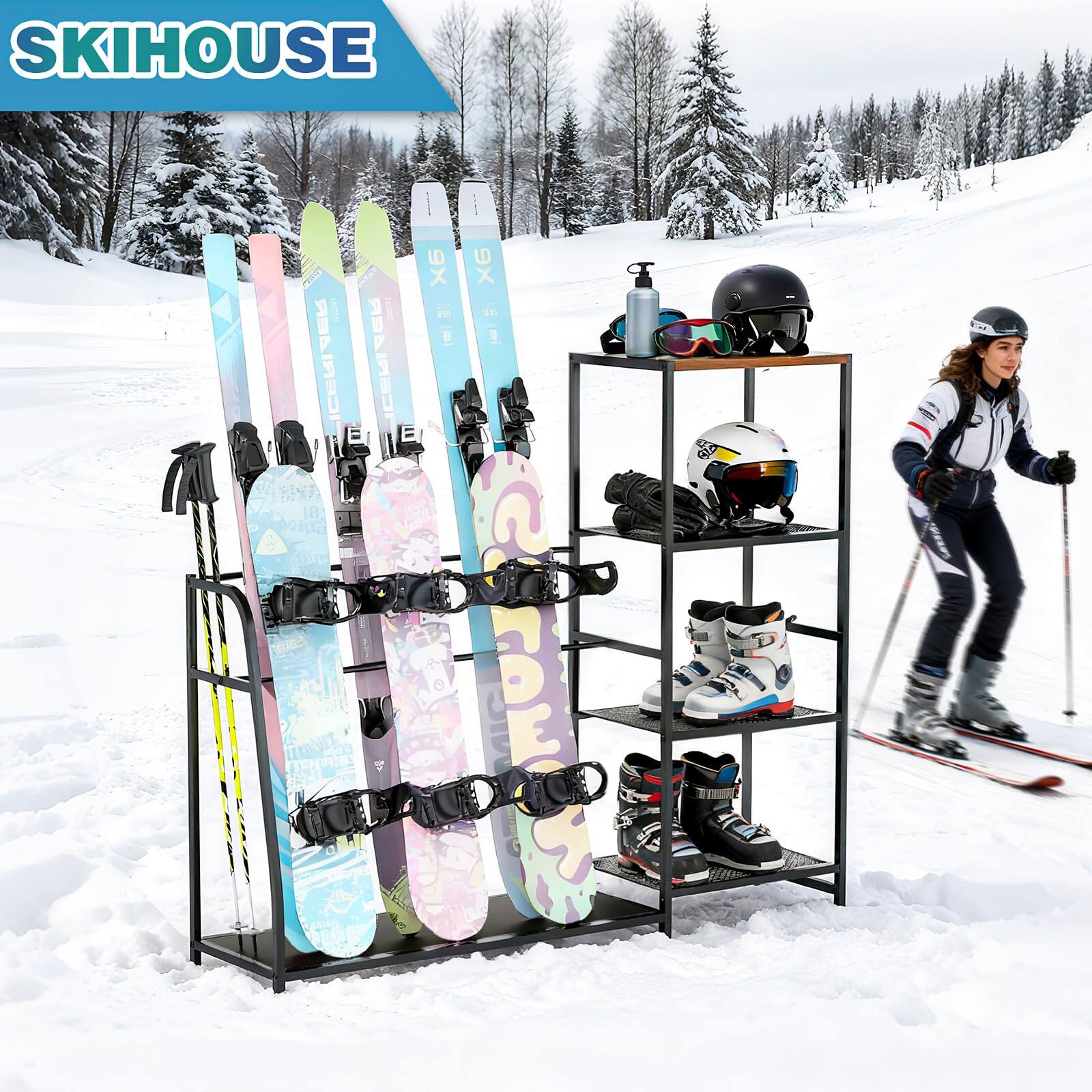 Sure, here is the corrected and grouped text from the image:

**Top Left:**
- SKIHOUSE

**On the Skis:**
- ICECREAM X6
- ICECREAM X6

**On the Snowboard:**
- ICECREAM

**On the Boots:**
- (No visible text)

**On the Helmets:**
- (No visible text)

**On the Sunglasses:**
- (No visible text)

**On the Spray Bottle:**
- (No visible text)

**On the Ski Poles:**
- (No visible text)

**On the Ski Rack:**
- (No visible text)

**On the Ski House Sign:**
- SKIHOUSE