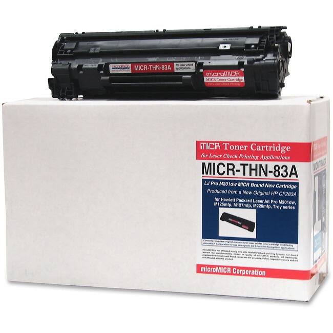 For laser check applications, microMiCA MICR Toner Cartridge MICR-THN-83A is designed for Laser Check Printing Applications. This MICR-THN-83A cartridge is compatible with the HP LaserJet Pro M201dw, M125mlp, M127mfp, M225mlp, and Troy series printers. It is a brand new cartridge produced from a new original HP CF283A. The product is manufactured by microMICR Corporation.