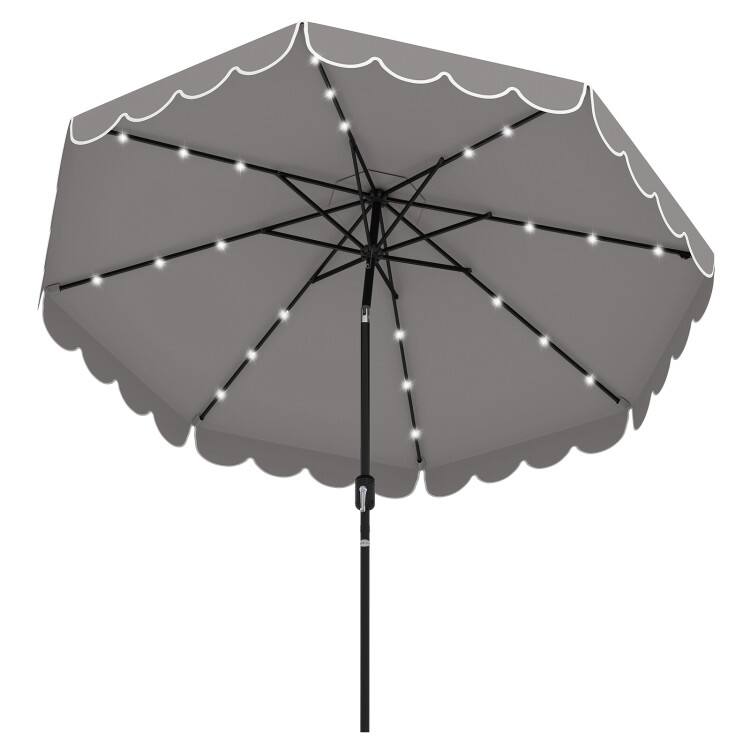 SlickBlue - 9.3-ft Patio Umbrella with Solar LED Lights, Vented Canopy, and Ruffled Trim - Gray