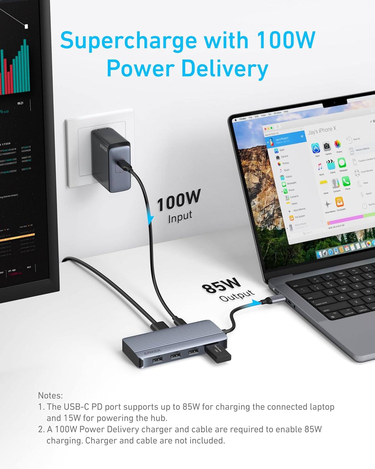 Supercharge with 100W Power Delivery

100W Input - 85W Output

Notes:
1. The USB-C PD port supports up to 85W for charging the connected laptop and 15W for powering the hub.
2. A 100W Power Delivery charger and cable are required to enable 85W charging. Charger and cable are not included.
