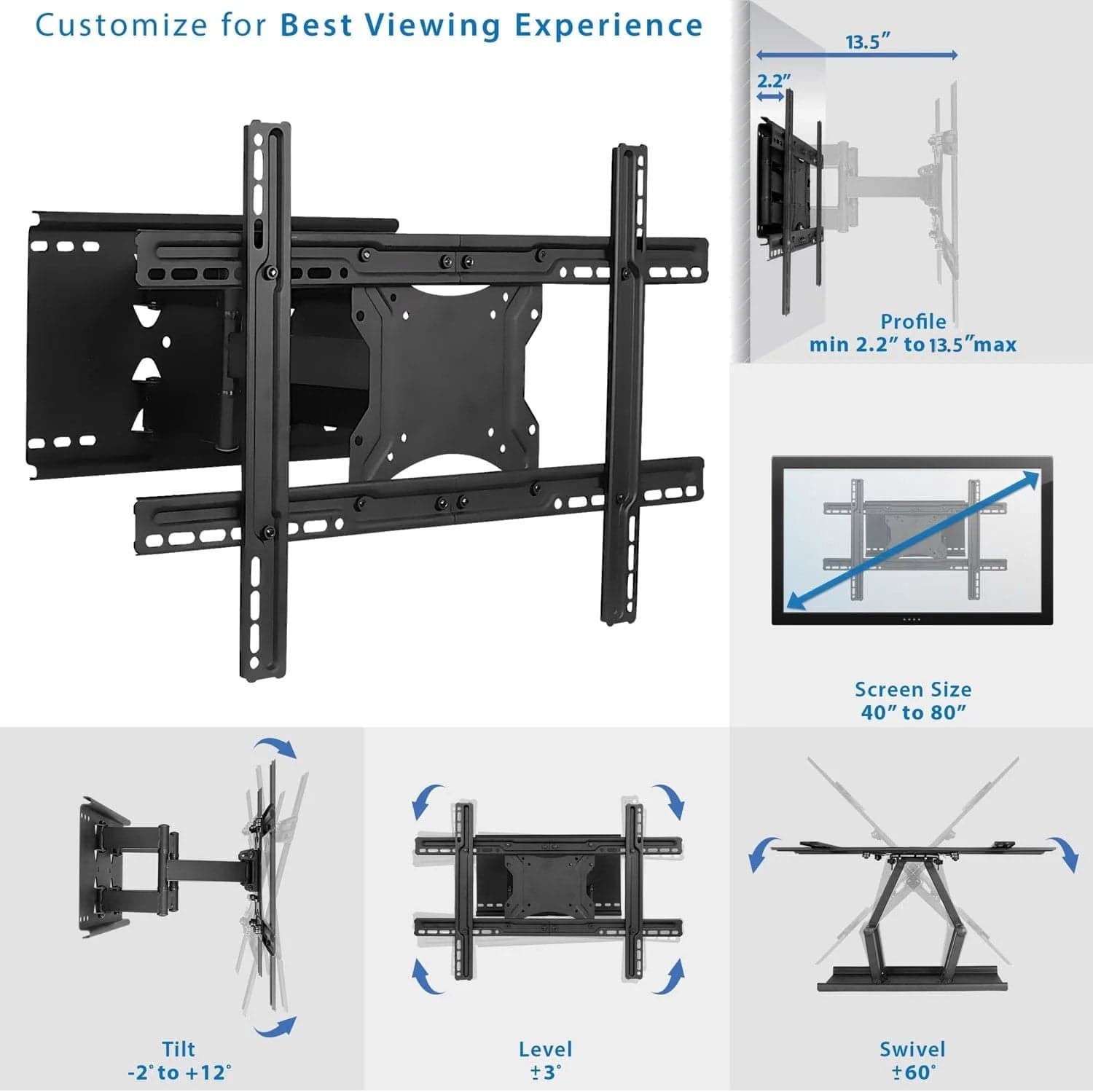 Customize for Best Viewing Experience

- Profile min 2.2" to 13.5" max
- Screen Size 40" to 80"
- Tilt -2° to +12°
- Level +3°
- Swivel +60°