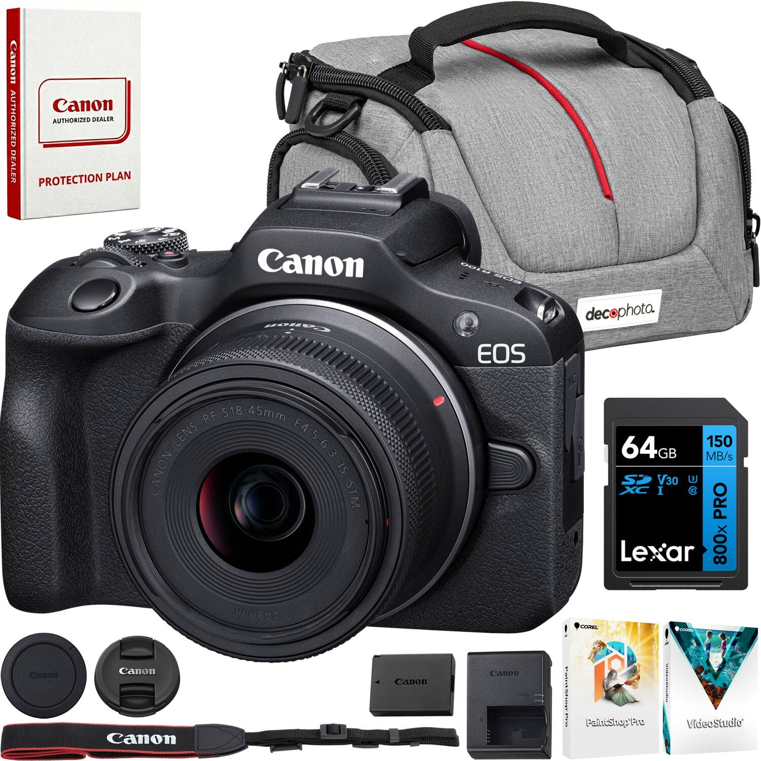 Canon Authorized Dealer Protection Plan  
Canon EOS  
RF-S 18-45mm Lens F4.5-6.3 IS STM  
64GB 150 MB/s Lexar Pro 800x SDXC UHS-II  
Canon Battery  
Canon Lens Cap  
Canon Strap  
Canon Lens Hood  
decophota Bag  
PaintShop Pro  
VideoStudio