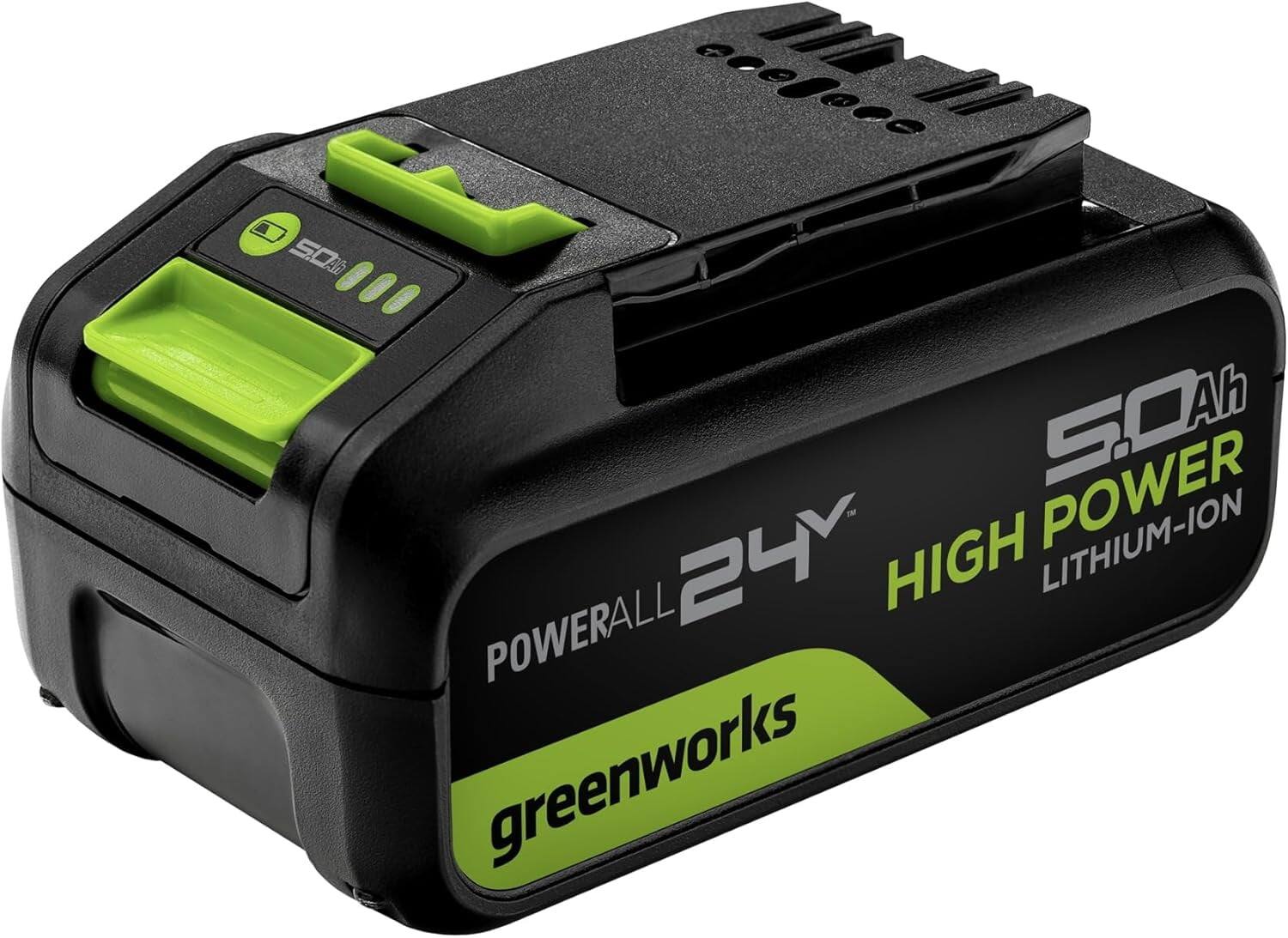 Sure, here is the corrected and grouped text from the image:

- **greenworks**
- **POWERALL 24V**
- **5.0 Ah**
- **HIGH POWER LITHIUM-ION**