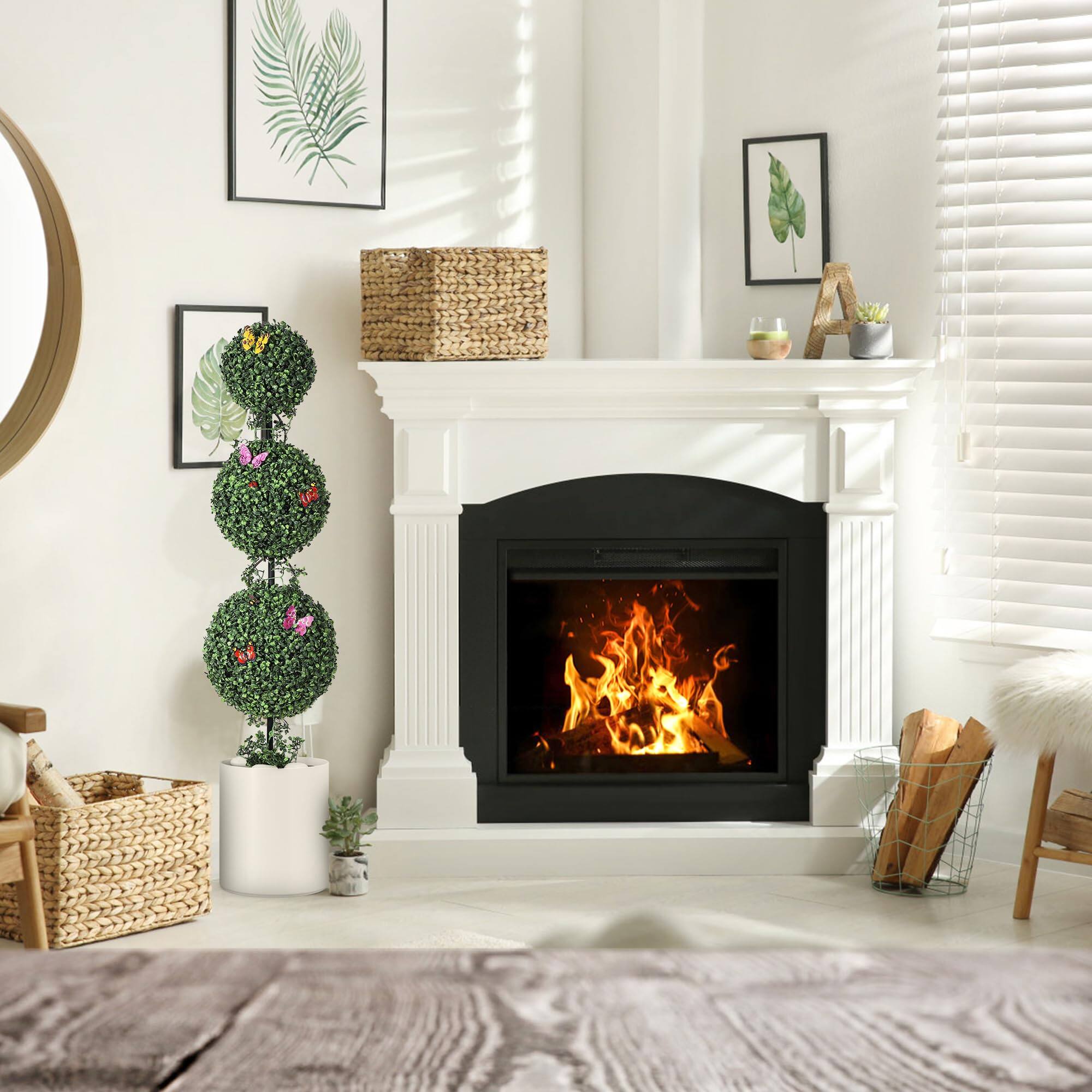 Angle. Homhougo - 5 FT Artificial Triple Ball Topiary Trees, Artificial Plants Outdoor with Vines & Insects Decoration, Set of 2 - Green.