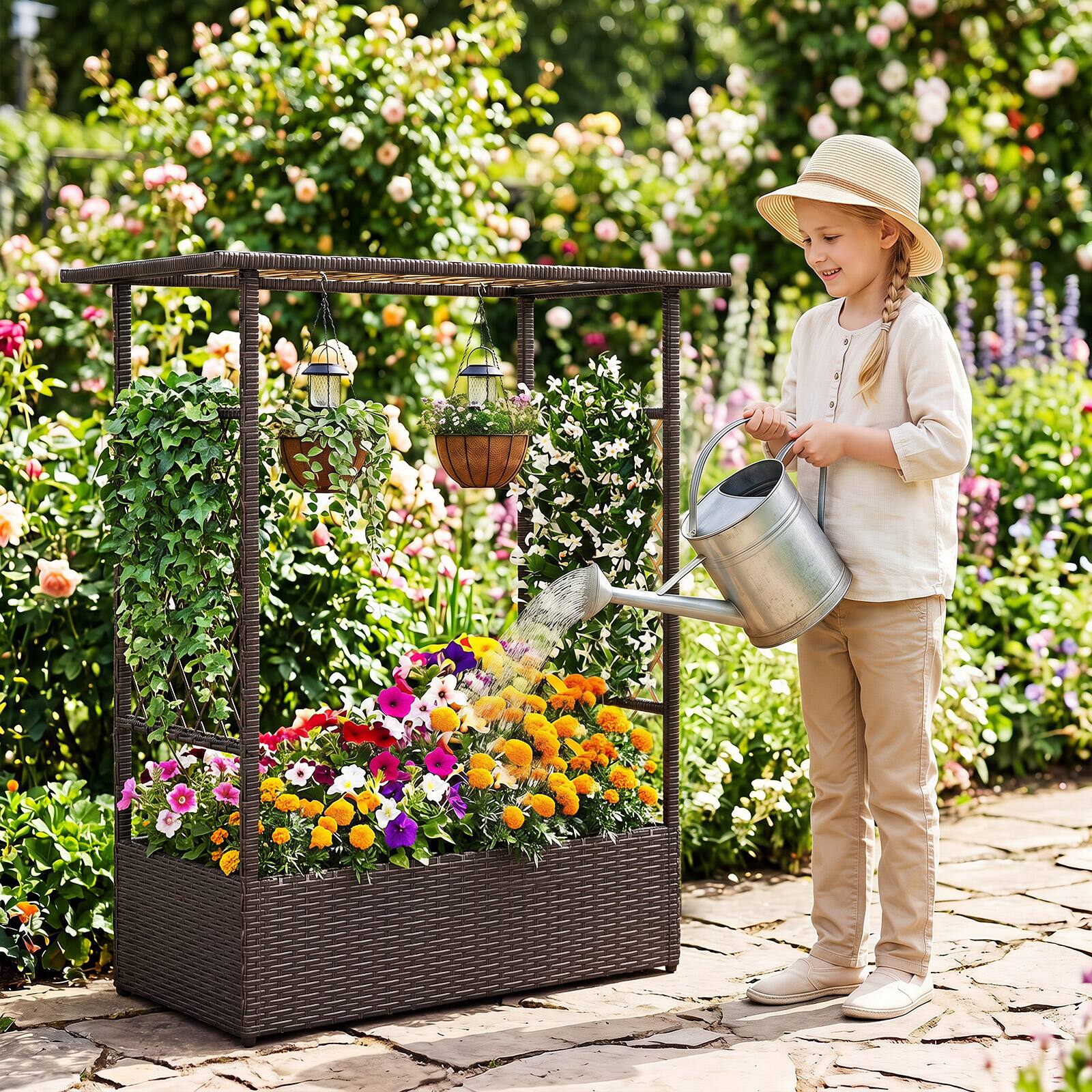 Alt View 4. Costway - Costway 2 PCS Raised Garden Bed 2-in-1 Elevated Planter Box with Hanging Roof & Trellises - Mixed Brown.