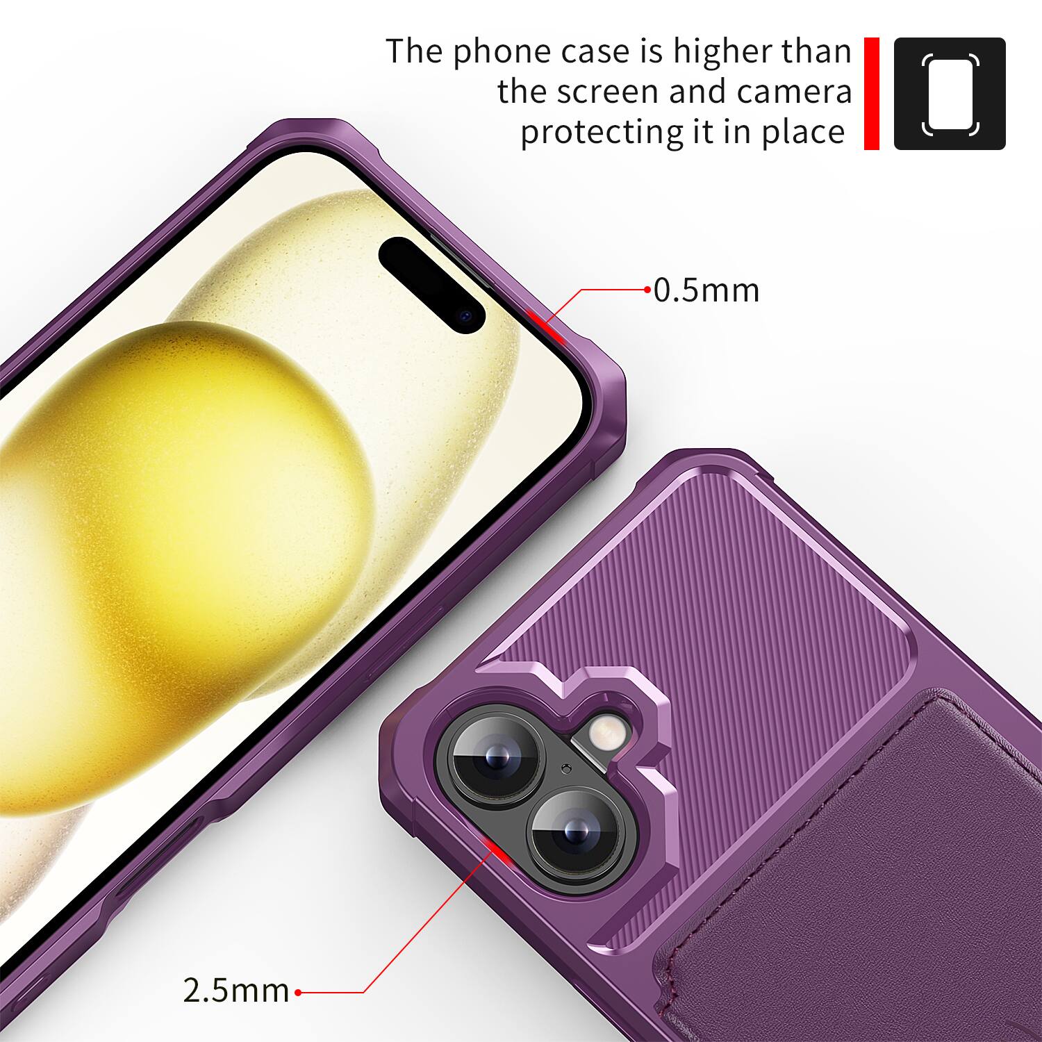 The phone case is higher than the screen and camera protecting it in place.  
0.5mm  
2.5mm