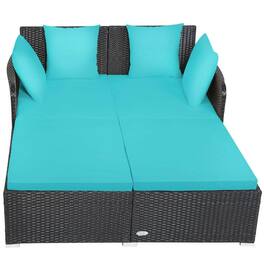 Pefilos - Spacious Outdoo Rattan Daybed with Upholsteed Cushions and Pillows-Tuquoise, Wicke Funitue Convesation Sets fo Gaden - Blue