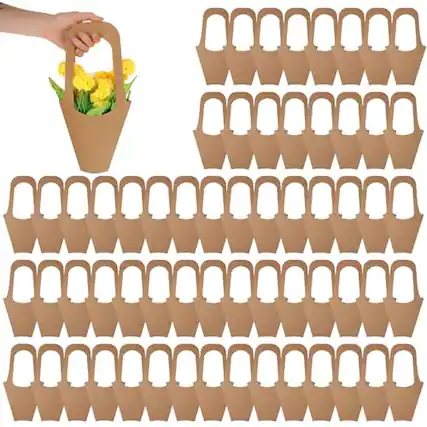 Front. ESBANY - 100 Pcs Kraft Paper Flower Gift Bags with Handle, 13.8'' Flower Wrapping Paper Gift Bags Bouquet Holder for Wedding - Khaki.