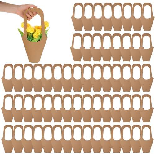 Front. ESBANY - 100 Pcs Kraft Paper Flower Gift Bags with Handle, 13.8'' Flower Wrapping Paper Gift Bags Bouquet Holder for Wedding - Khaki.