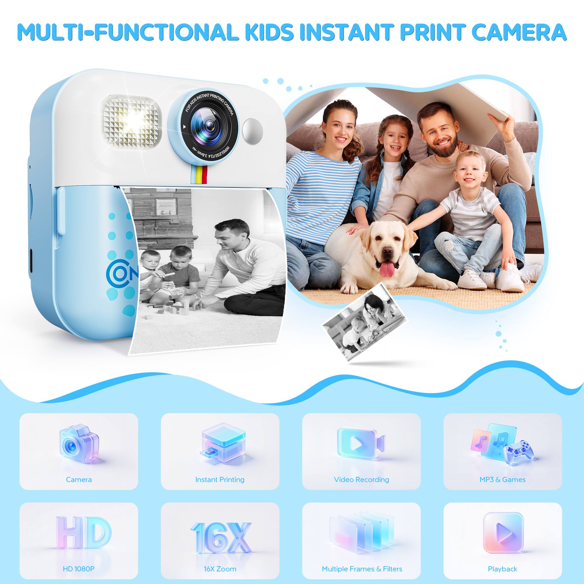 MULTI-FUNCTIONAL KIDS INSTANT PRINT CAMERA Camera Instant Printing Video Recording MP3 & Games HD 1080P 16X Zoom Multiple Frames & Filters Playback
