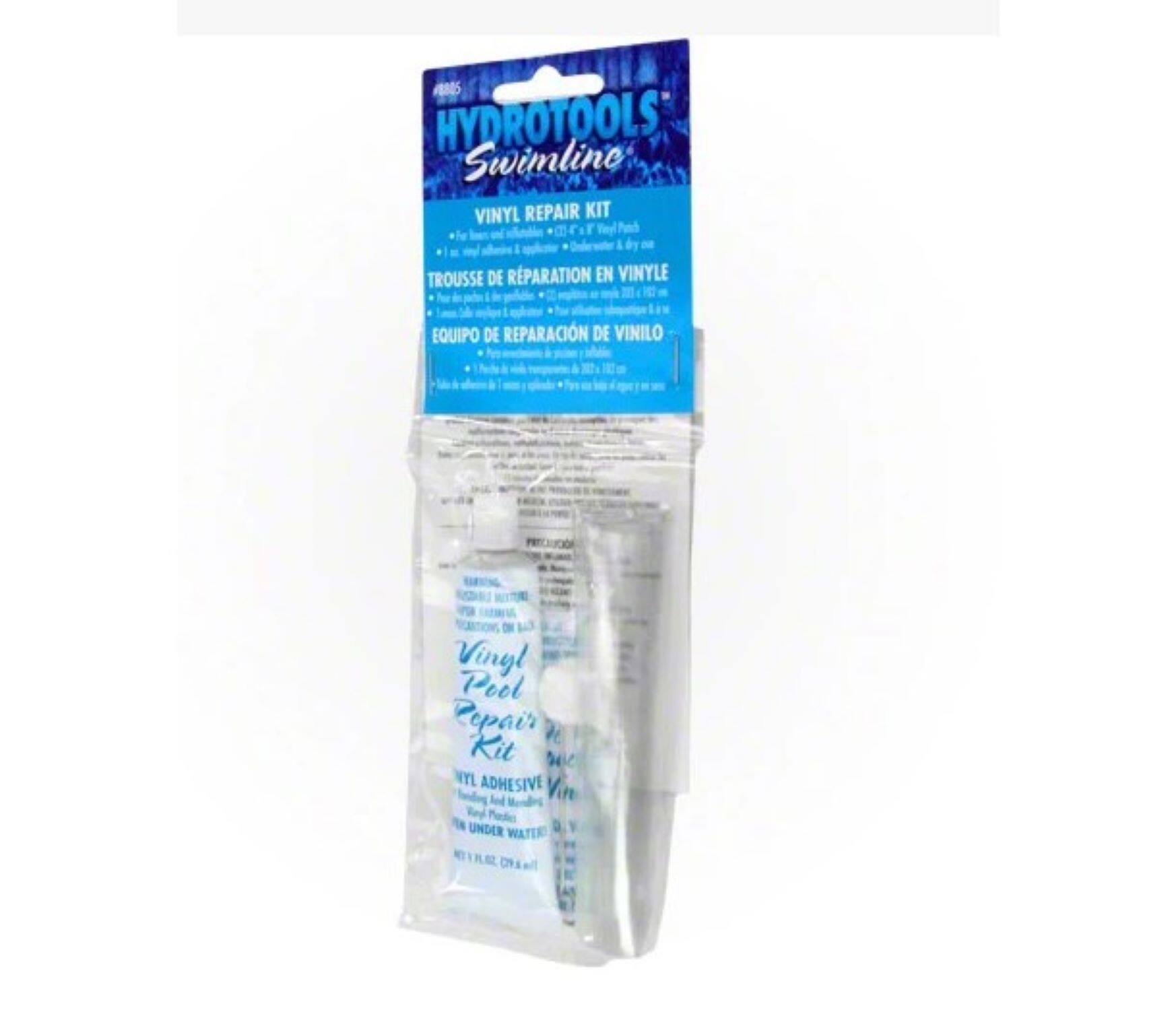 HYDROTOOLS Swimline VINYL REPAIR KIT  
TROUSSE DE RÉPARATION EN VINYLE  
EQUIPO DE REPARACIÓN DE VINILO  

Vinyl Pool Repair Kit  
VINYL ADHESIVE  
For use under water  

Precaution: