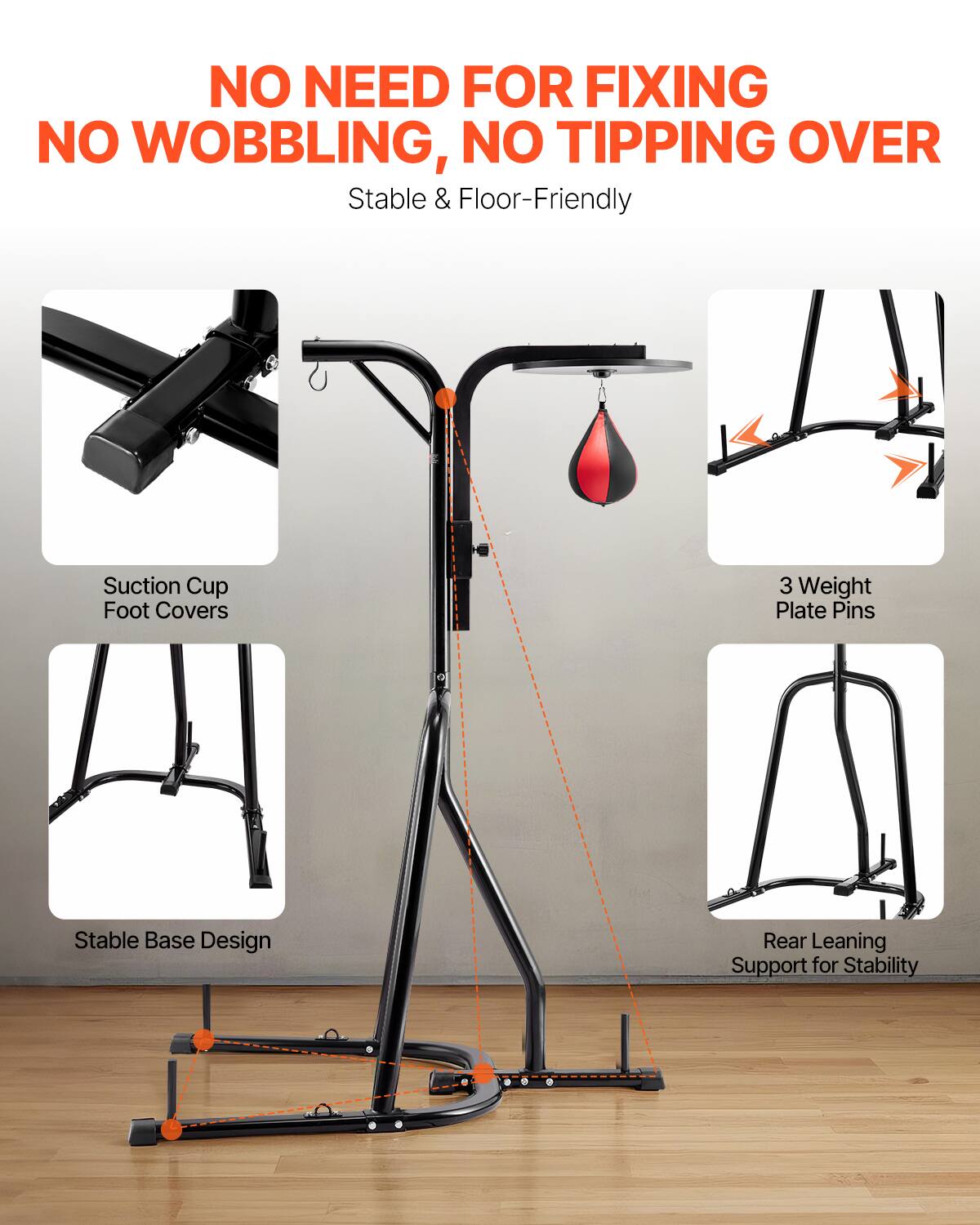 NO NEED FOR FIXING NO WOBBLING, NO TIPPING OVER
Stable & Floor-Friendly
Suction Cup Foot Covers
3 Weight Plate Pins
Stable Base Design
Rear Leaning Support for Stability