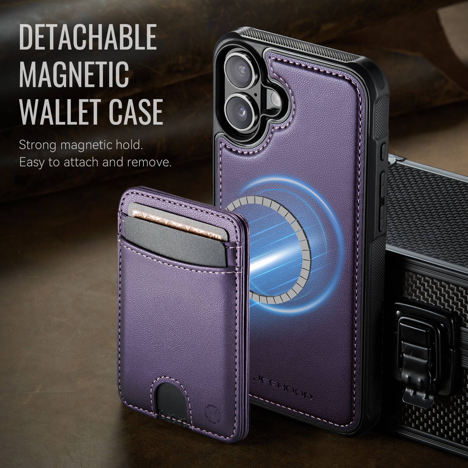 DETACHABLE MAGNETIC WALLET CASE  
Strong magnetic hold.  
Easy to attach and remove.  

JEEHOOD