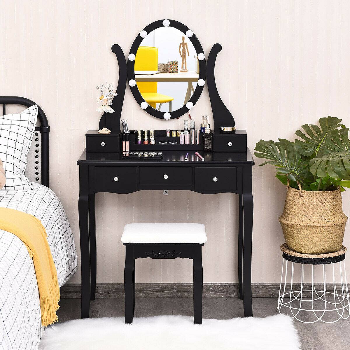 Alt View 1. Costway - Costway Vanity Table Set w/10 Light Bulbs and Touch Switch Makeup Dressing Table - Black.