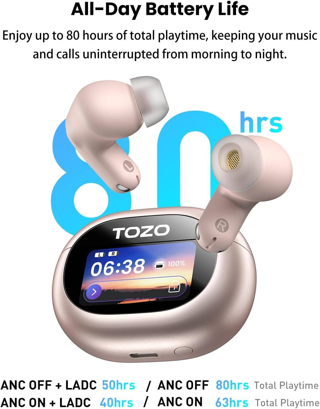 TOZO NC20 Pro Adaptive ANC Wireless Earbuds,Bluetooth 6.0,80H,6