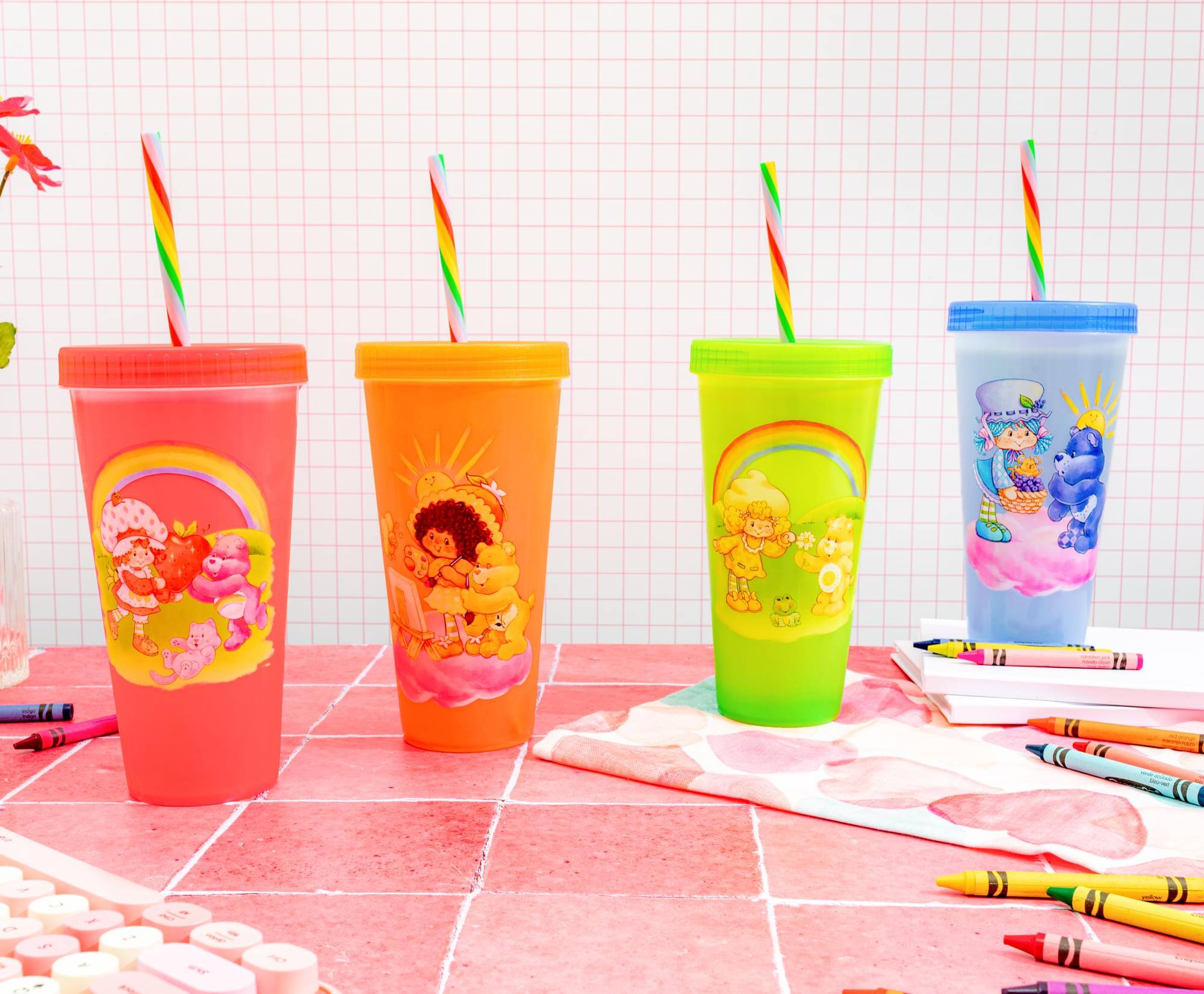 Alt View 5. Silver Buffalo - Care Bears x Strawberry Shortcake 4-Piece Color-Changing Tumbler Set | 24 Ounces - Multi-Colored.