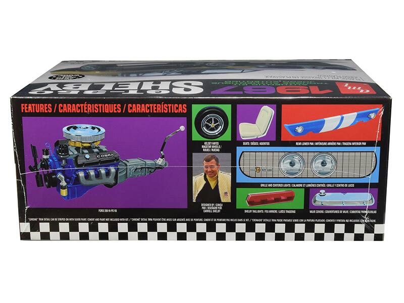 Sure, here is the corrected and grouped text from the image:

---

**SHELBY GT500**

**FEATURES / CARACTÉRISTIQUES / CARACTERÍSTICAS**

- **COBRA KLEIN MAGSTAR WHEELS**
- **SEATS / SIÈGES / ASIENTOS**
- **REAR LOWER PANEL / PANE ARRIÈRE / PANEL DE FOND ARRIÈRE**
- **GRILLE / LUCES FRONTAL / GRILLE CENTRO DE LUCES**
- **NEW COVERS / COUVERTURES DE VUE / CUBIERTAS DE VISTO**
- **DESIGNED BY / CONCEBIDO POR / DISEÑADO POR CARROLL SHELBY**
- **SHELBY TAINTLIGHTS / FEDERATED CENTER LUCES / LUCES CENTRALES**
- **ORIGINAL "TEAM DETAIL" CAR STICKERED WITH SHELBY PLATE, CENTER AND HUBCAPS NOT INCLUDED IN SET / "ORIGINAL" "TEAM DETAIL" CAR STICKERED WITH SHELBY PLATE, CENTER AND HUBCAPS NOT INCLUDED IN SET**

---

This text is organized to reflect the